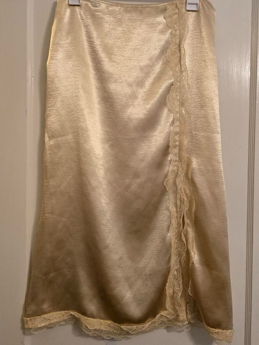 Moon River Gold Satin Shimmery Midi Skirt with Lace Trim - Picture 1 of 5